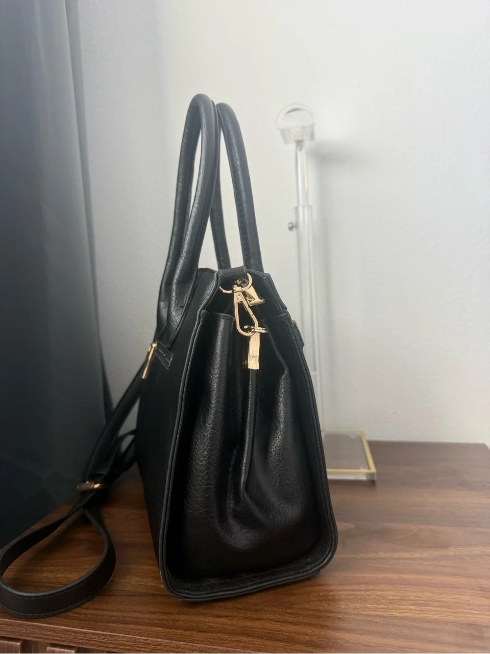 Black Structured Top Handle Handbag with Detachable Crossbody Strap - Old Money